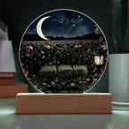 Round acrylic plaque featuring a moonlit pumpkin patch scene on a rectangular wooden base for autumn home decor.