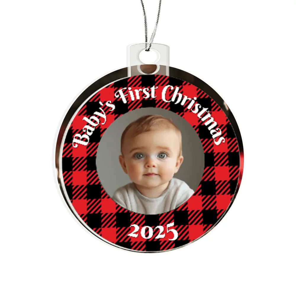 Baby’s First Christmas Ornament 2025 – Personalized Buffalo Plaid Photo Ornament for Newborn Keepsake - Flourish Love Shop