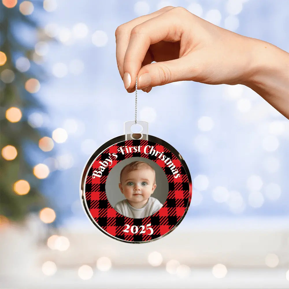 Baby’s First Christmas Ornament 2025 – Personalized Buffalo Plaid Photo Ornament for Newborn Keepsake - Flourish Love Shop