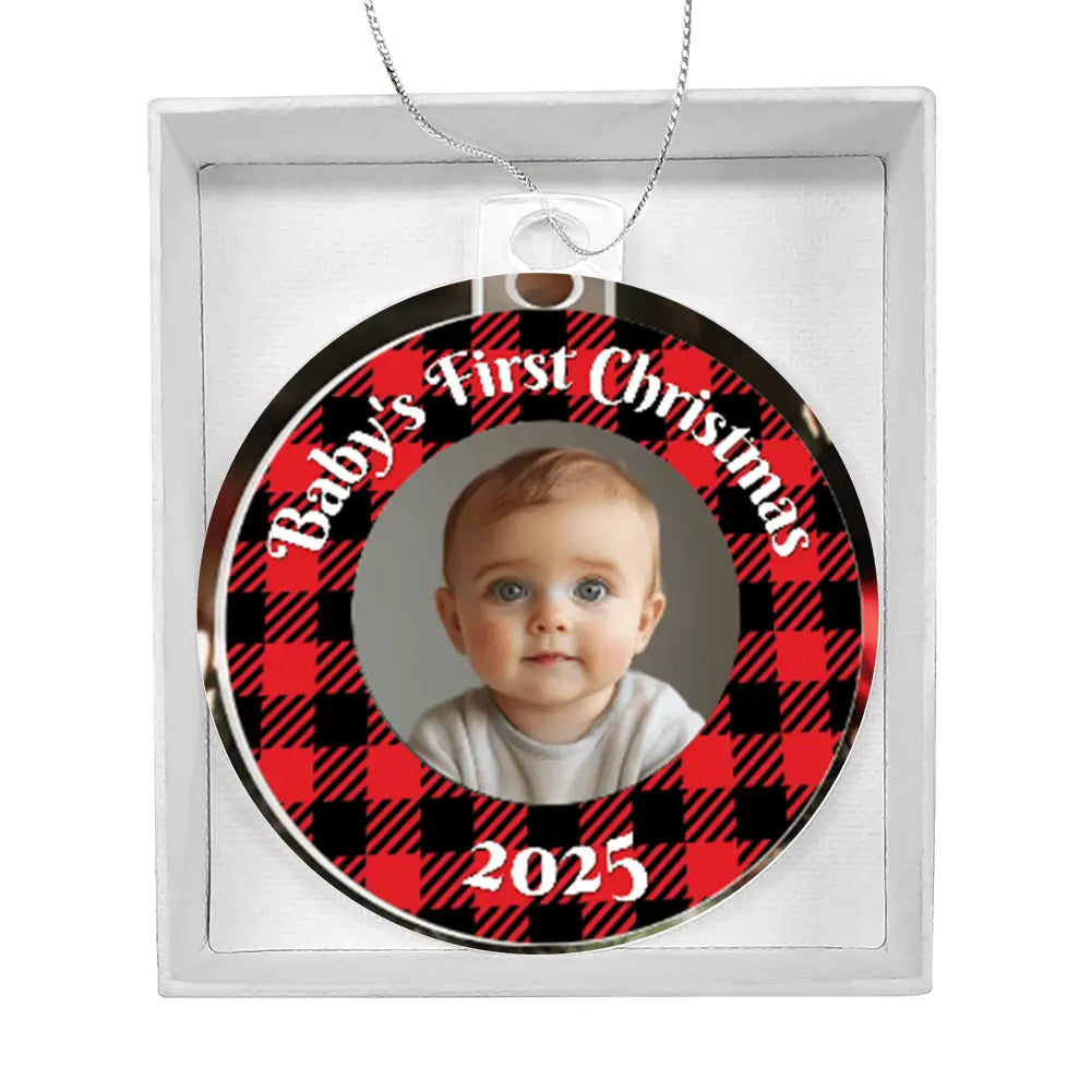 Baby’s First Christmas Ornament 2025 – Personalized Buffalo Plaid Photo Ornament for Newborn Keepsake - Flourish Love Shop