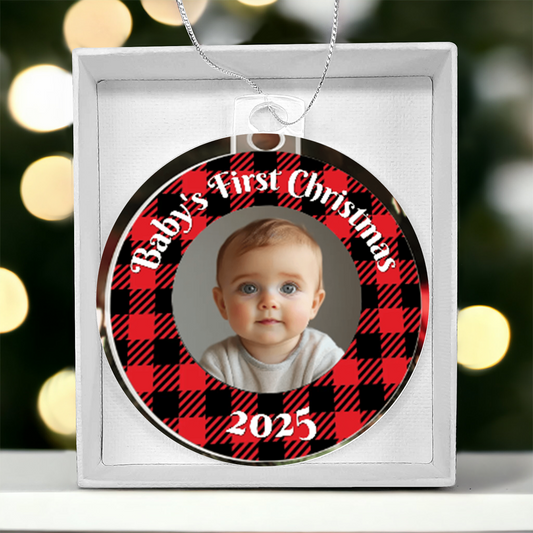Baby’s First Christmas Ornament 2025 – Personalized Buffalo Plaid Photo Ornament for Newborn Keepsake