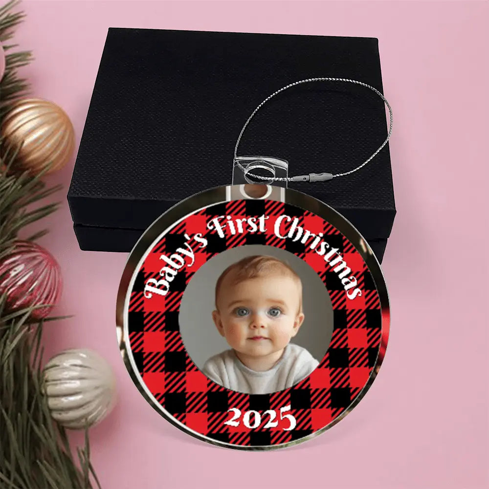 Baby’s First Christmas Ornament 2025 – Personalized Buffalo Plaid Photo Ornament for Newborn Keepsake - Flourish Love Shop