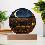 Round acrylic plaque featuring a moonlit pumpkin patch, hay bales, and a black cat on a wooden display stand.