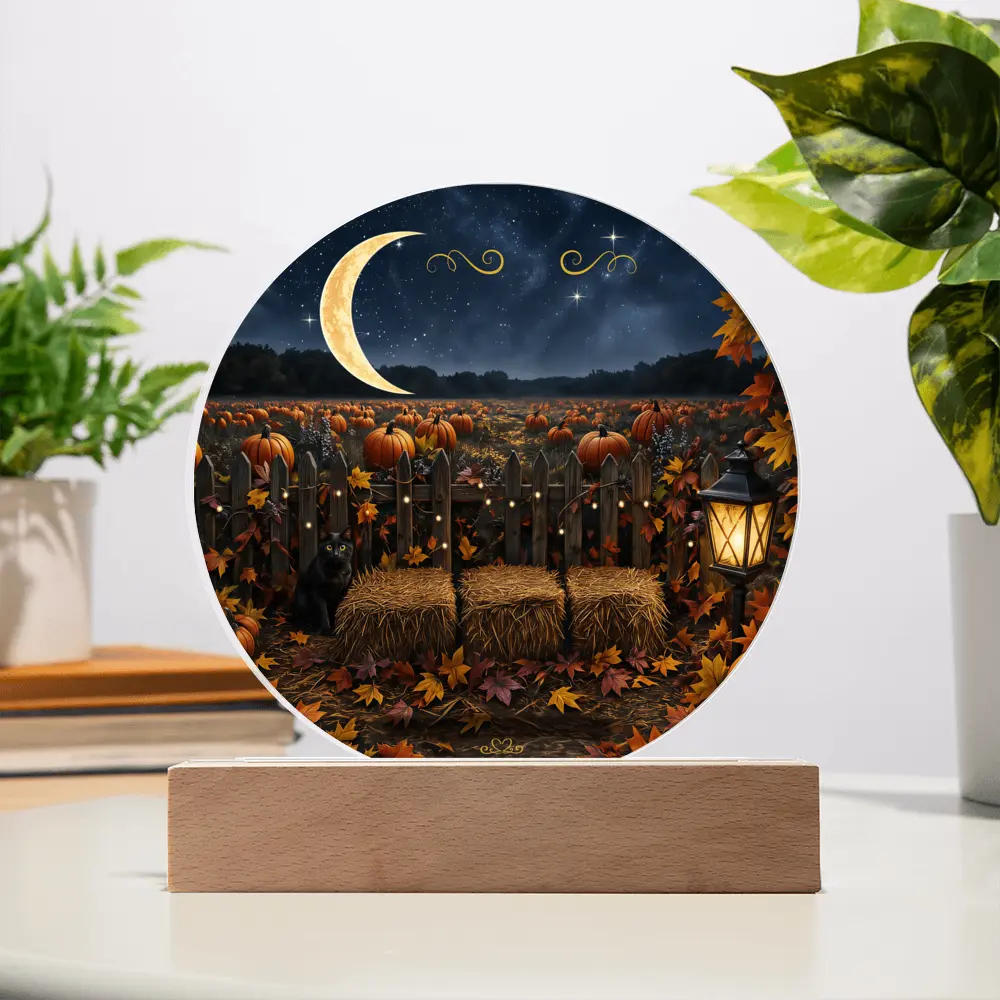 Round acrylic plaque featuring a moonlit pumpkin patch, hay bales, and a black cat on a wooden display stand.