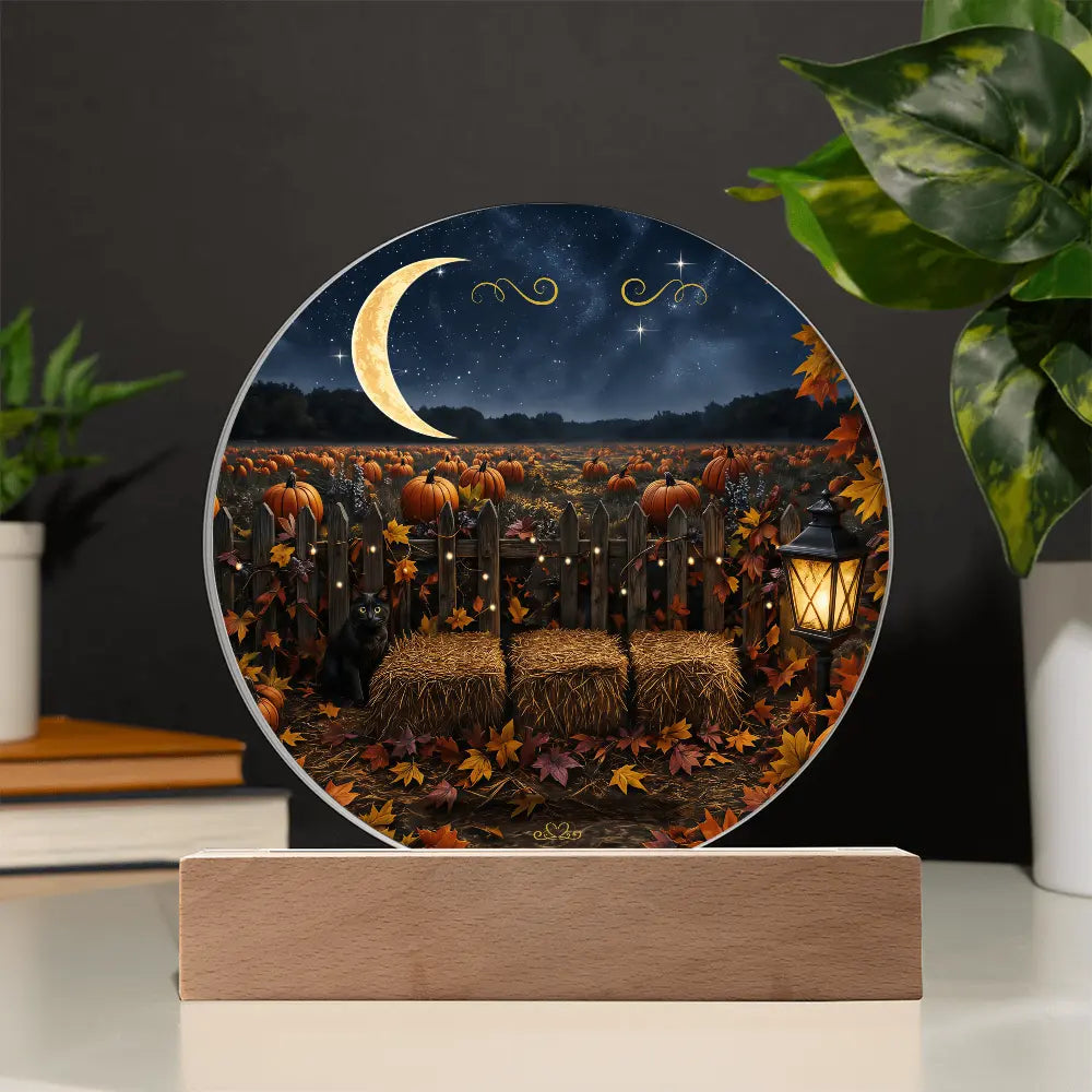 Circular acrylic plaque featuring a moonlit pumpkin patch, hay bales, and a black cat on a wooden base.