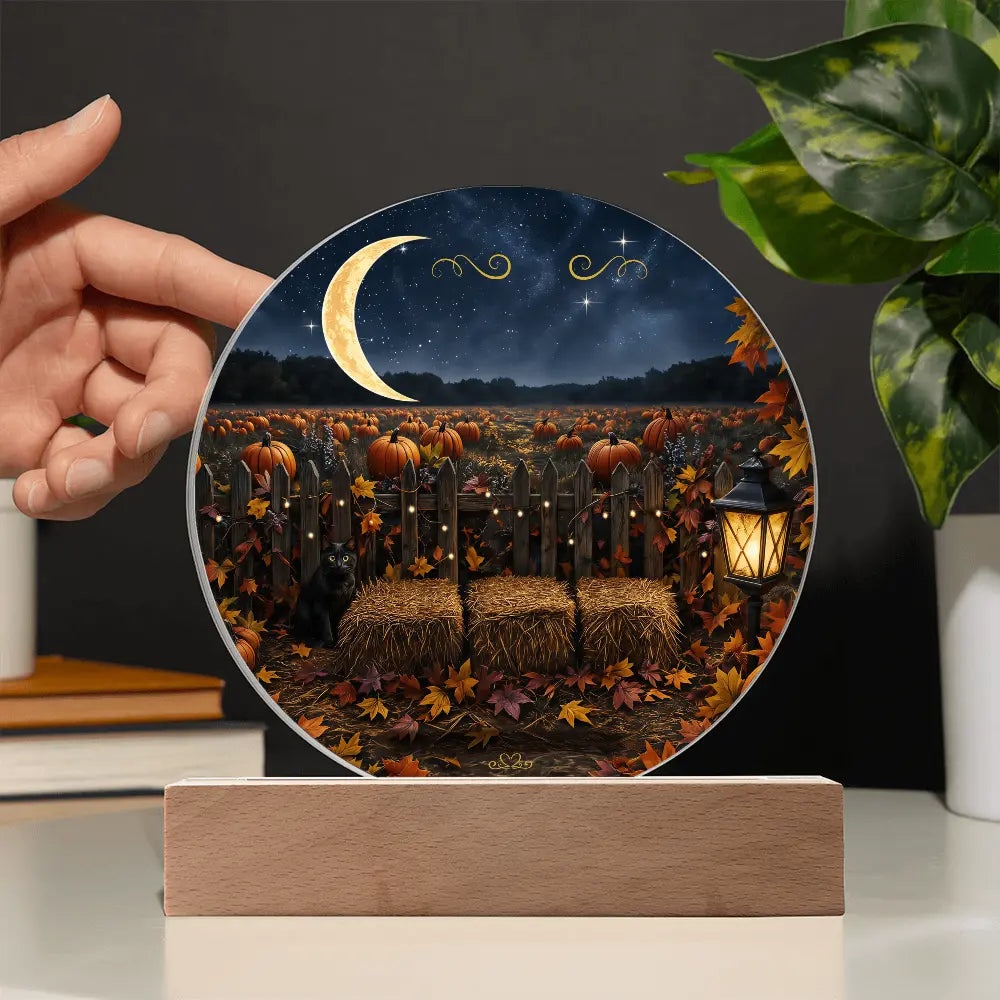 Round acrylic plaque featuring a moonlit pumpkin patch, hay bales, and a black cat on a wooden display stand.