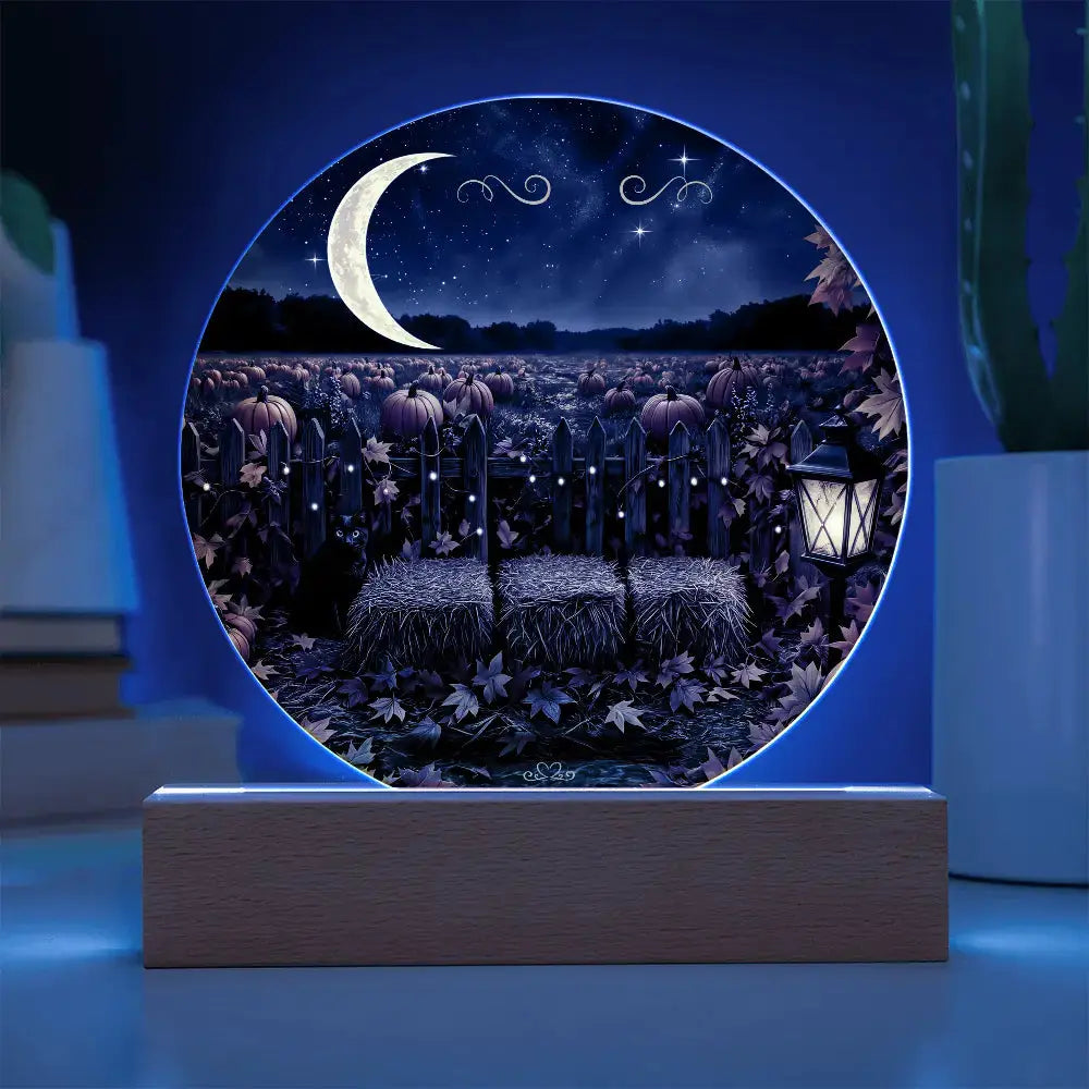 Circular acrylic plaque featuring a moonlit pumpkin patch scene on a light wood base, glowing with a whimsical fall design.