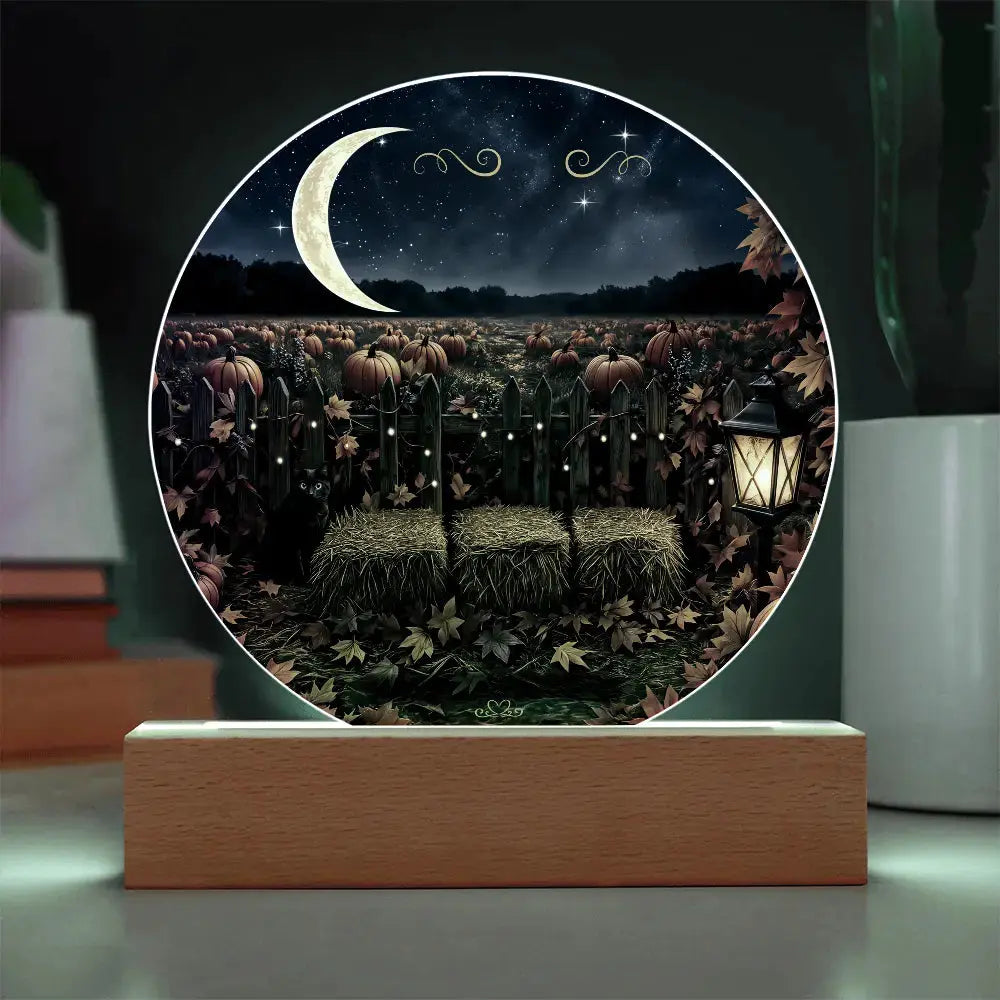 Round acrylic plaque featuring a moonlit pumpkin patch scene on a wooden base, perfect for personalized fall decor.