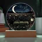 Round acrylic plaque featuring a moonlit pumpkin patch scene on a wooden base, perfect for personalized fall decor.