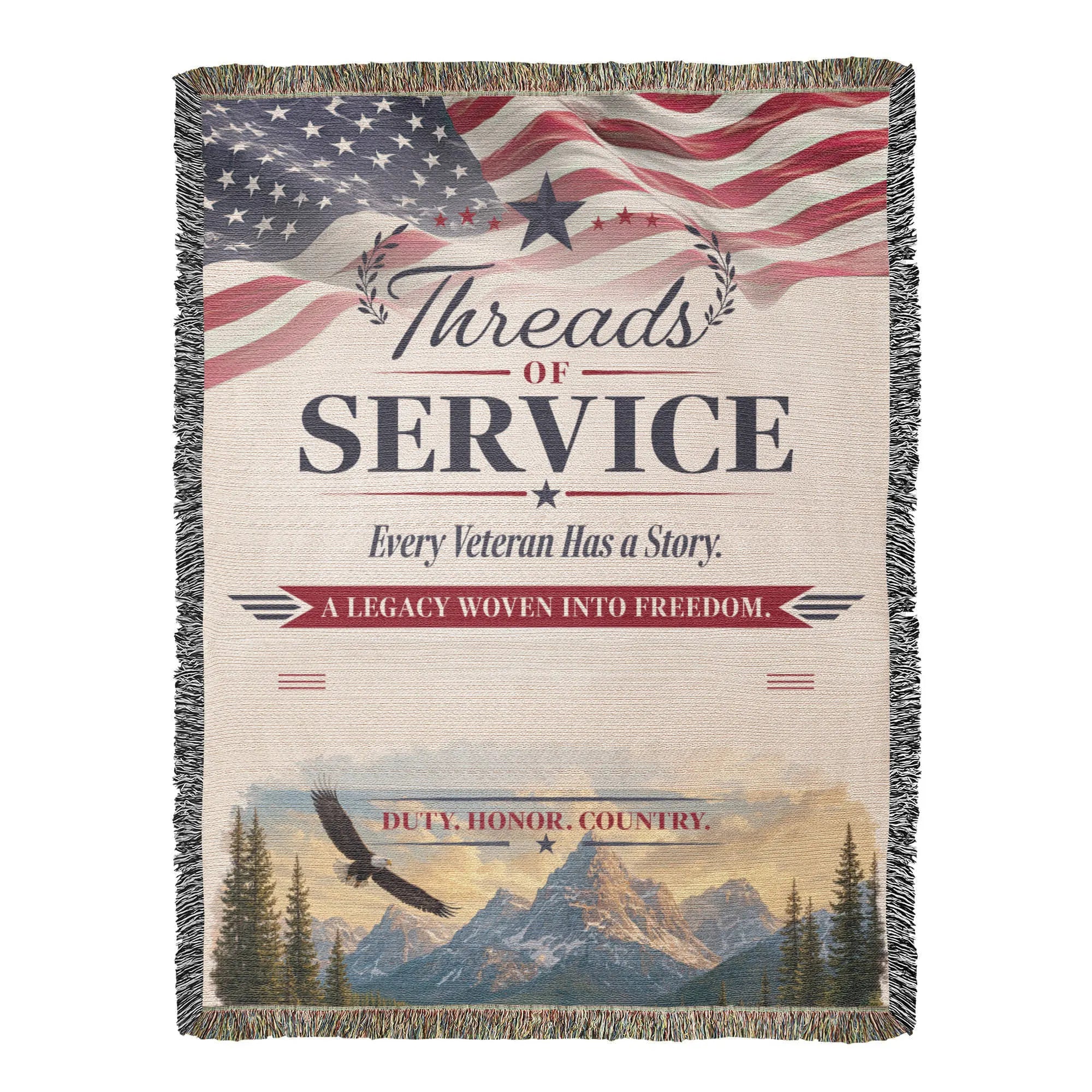 Woven veteran blanket featuring a US flag, eagle, mountain landscape, and patriotic text on a fringed throw.