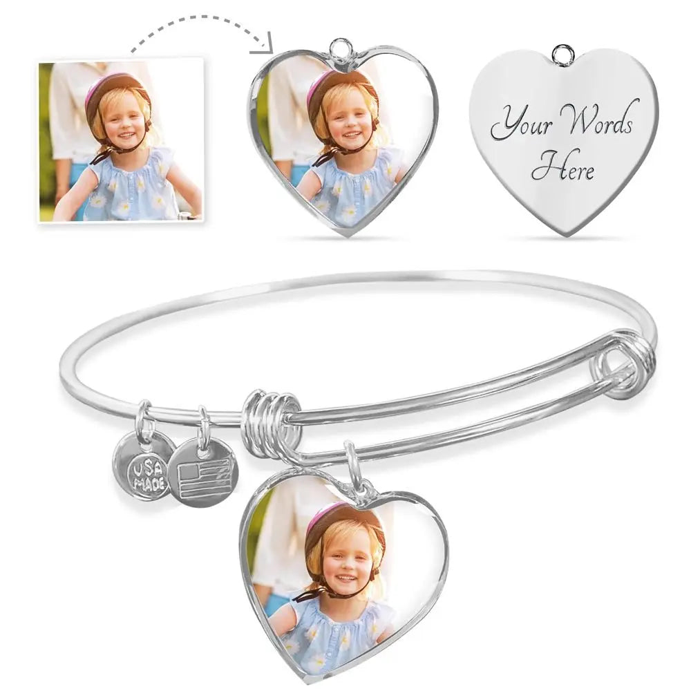 Heart - Shaped Photo Bangle Bracelet with Custom Engraving - Flourish Love Shop